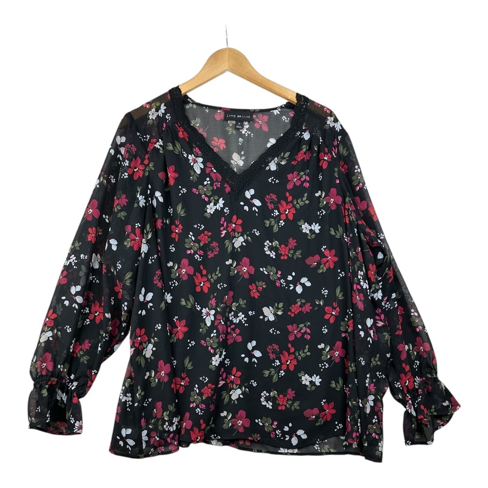 Lane Bryant Floral Print Long Sleeve Blouse size 22 Black/Red